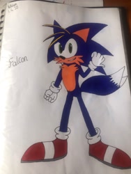 Size: 1440x1920 | Tagged: safe, artist:livinglifeeverywhere, oc, oc:falcon the hedgefox, fox, hedgehog, hybrid, character name, english text, hedgefox, looking at viewer, oc only, parent:sonic, parent:tails, parents:sontails, solo, standing, text, traditional media, two tails