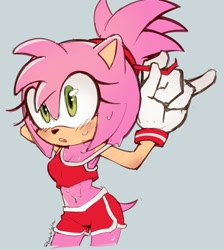 Size: 1832x2048 | Tagged: safe, artist:jakkurai, amy rose, female, grey background, midriff, ponytail, ribbon, shorts, sweat, workout outfit