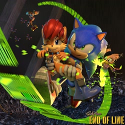 Size: 2048x2048 | Tagged: safe, artist:dokatzo, artist:leymi_lopez, artist:rotalice2, amy rose, miles "tails" prower, nicole the hololynx, sally acorn, sonic the hedgehog, chipmunk, fox, hedgehog, lynx, 2026, 3d, badnik, blender, carrying them, catapult, english text, female, group, holding something, holding them, hololynx, male, piko piko hammer, robot, running, sally x sonic, sally's vest and boots, shipping, straight, trio focus, weapon