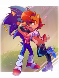 Size: 1080x1440 | Tagged: safe, artist:_lovelymiry_, sally acorn, sonic the hedgehog, chipmunk, hedgehog, 2026, duo, female, grass, happy, heart, hugging, male, redesign, redraw, sally x sonic, scarf, shipping, straight