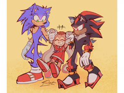 Size: 1600x1200 | Tagged: safe, artist:dotanadots, cream the rabbit, shadow the hedgehog, sonic the hedgehog, 2026, gay, holding hands, looking at something, shadow x sonic, shipping, signature, simple background, third wheel, trio, walking, yellow background