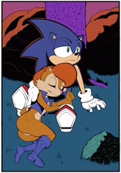 Size: 2849x4096 | Tagged: safe, artist:alexroanheimart, sally acorn, sonic the hedgehog, chipmunk, hedgehog, 2024, duo, female, male, sally x sonic, sally's vest and boots, shipping, sitting, sleeping, straight, tree