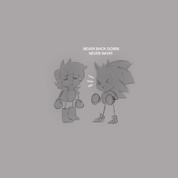 Size: 1440x1440 | Tagged: safe, artist:seo0999, sally acorn, sonic the hedgehog, chipmunk, hedgehog, 2023, blushing, dialogue, duo, english text, female, grey background, male, sally x sonic, sally's vest and boots, shipping, simple background, straight