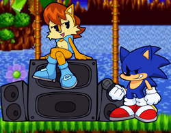 Size: 1540x1199 | Tagged: safe, sally acorn, sonic the hedgehog, chipmunk, hedgehog, green hill zone, 2021, crossover, duo, female, friday night funkin, holding something, male, microphone, sally x sonic, sally's vest and boots, shipping, sitting, straight