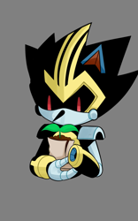 Size: 1000x1600 | Tagged: safe, artist:cephalosaur, shard the metal, 2020, grey background, holding something, male, plant, robot, shoes, simple background, solo