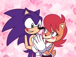 Size: 1034x773 | Tagged: safe, artist:lady_axolotl04, sally acorn, sonic the hedgehog, chipmunk, hedgehog, 2025, alternate universe, blushing, duo, female, heart, looking at each other, male, sally x sonic, sally's ringblader outfit, shipping, straight