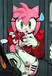 Size: 1391x2048 | Tagged: safe, artist:0ni91ri, amy rose, shadow the hedgehog, 2025, alternate outfit, amy x shadow, blushing, box, chocolate box, duo, english text, heart, holding something, locker, looking at viewer, mouth open, school, ship name, sitting, smile, straight, sweatdrop