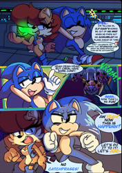 Size: 883x1247 | Tagged: safe, artist:maliahboon, nicole the handheld, sally acorn, sonic the hedgehog, chipmunk, hedgehog, 2026, badnik, comic, dialogue, duo, english text, female, hands behind back, male, robot, sally x sonic, sally's vest and boots, shipping, speech bubble, straight, walking