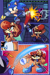 Size: 809x1209 | Tagged: safe, artist:maliahboon, sally acorn, sonic the hedgehog, chipmunk, hedgehog, 2026, badnik, comic, dodging, duo, exclamation mark, female, fighting, kicking, male, robot, sally x sonic, sally's vest and boots, shipping, speech bubble, straight