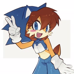 Size: 2048x2048 | Tagged: safe, artist:candleyy, sally acorn, sonic the hedgehog, chipmunk, 2025, blushing, clothes, cosplay, looking at viewer, pose, simple background, solo, v sign