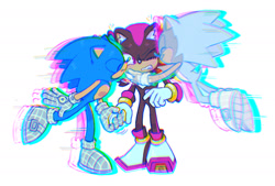 Size: 1965x1326 | Tagged: safe, artist:ochi06, shadow the hedgehog, sonic the hedgehog, sonic prime, 2023, blushing, caressing, duo, frown, gay, holding hands, kiss on cheek, shadow x sonic, shipping, smile, tsundere