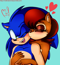 Size: 640x700 | Tagged: safe, artist:carpenatem, sally acorn, sonic the hedgehog, chipmunk, hedgehog, 2016, blushing, duo, female, hearr, hugging, kiss, male, sally x sonic, shipping, simple background, straight