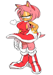 Size: 602x847 | Tagged: safe, artist:animaten_saine, amy rose, amy's halterneck dress, full body, hand on hip, huffing, sweatdrop, white background