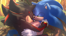 Size: 2700x1500 | Tagged: safe, artist:krazyelf, shadow the hedgehog, sonic the hedgehog, hedgehog, 2021, cuddling, cute, daytime, duo, duo male, eyes closed, gay, holding each other, hugging, looking at them, male, males only, outdoors, shadow x sonic, shipping, smile, tree, valentine's day, wholesome