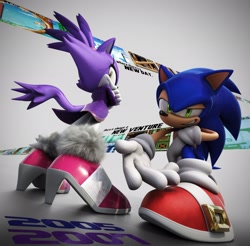 Size: 2048x2015 | Tagged: safe, artist:dokatzo, artist:gameguybenn, artist:garbonzobeanguy, blaze the cat, sonic the hedgehog, cat, hedgehog, 2026, 3d, arms folded, duo, female, frown, looking at viewer, male, smile, sonic rush