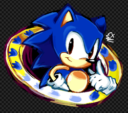 Size: 1004x886 | Tagged: safe, artist:yaedaexclipsy, sonic the hedgehog, hedgehog, 2026, checkered background, classic sonic, looking at viewer, male, pointing, signature, smile, solo, solo male, sonic the hedgehog 3