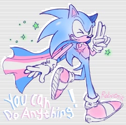 Size: 1073x1065 | Tagged: safe, artist:thescroingle, sonic the hedgehog, hedgehog, 2023, cape, english text, male, positivity, pride, pride flag, running, scars, signature, smile, solo, solo male, sparkles, star (symbol), text, top surgery scars, trans male, trans pride, trans visibility day, transgender, treads, v sign, wink