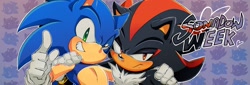 Size: 2048x696 | Tagged: safe, artist:fsonic3, shadow the hedgehog, sonic the hedgehog, hedgehog, 2020, abstract background, arm around shoulders, banner, blushing, duo, duo male, english text, frown, gay, lidded eyes, looking at viewer, male, males only, outline, pointing, shadow x sonic, shipping, smile, sonadow week, text