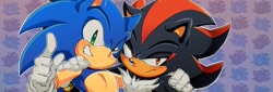Size: 2048x696 | Tagged: safe, artist:fsonic3, shadow the hedgehog, sonic the hedgehog, hedgehog, 2020, abstract background, alternate version, arm around shoulders, banner, blushing, duo, duo male, frown, gay, lidded eyes, looking at viewer, male, males only, outline, pointing, shadow x sonic, shipping, smile, sonadow week, textless version