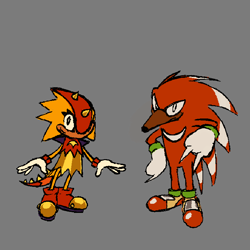 Size: 768x768 | Tagged: safe, artist:md_nexus001, knuckles the echidna, trip the sungazer, echidna, lizard, 2026, duo, female, flat colors, frown, fur markings, looking at viewer, male, redesign, smile, standing