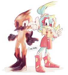 Size: 900x991 | Tagged: safe, artist:cometbird, oc, oc:jericho the bird, oc:papaya the bird, bird, 2019, ambiguous gender, beanbrows, boots, clothes, duo, female, fur markings, gloves, looking at viewer, overalls, pointing, signature, simple background, smile, socks, standing, white background, wink