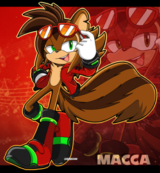Size: 1250x1350 | Tagged: safe, artist:sonictheedgehog, oc, oc:macca the chipmunk, chipmunk, hybrid, squirrel, 2022, abstract background, boots, border, chipped ear, clothes, echo background, eyewear on head, gloves, hand on hip, lidded eyes, looking up, male, mouth open, oc only, open smile, outline, smile, solo, solo male, standing, sunglasses
