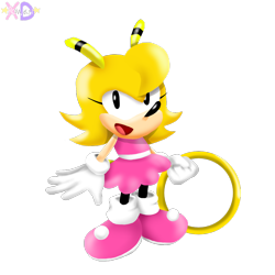 Size: 1280x1280 | Tagged: safe, artist:rowanxd, saffron bee, bee, knuckles chaotix, classic saffron, classic style, female, holding something, looking at viewer, mouth open, open smile, ring, smile, solo, solo female
