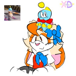 Size: 1280x1280 | Tagged: safe, artist:rowanxd, cheese (chao), cream the rabbit, chao, rabbit, :>, agender, bow, cheeseabetes, creamabetes, cute, driving, duo, eye clipping through hair, female, heart nose, looking at viewer, looking offscreen, neutral chao, on head, pink nose, reference inset, ribbon, simple background, sketch, smile, steering wheel, white background