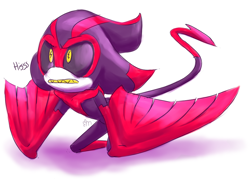 Size: 992x711 | Tagged: safe, artist:maximum124, eclipse the darkling, 2015, alien, all fours, black sclera, clenched teeth, hissing, looking offscreen, male, sharp teeth, simple background, solo, white background, wings, yellow teeth