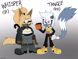 Size: 4000x3000 | Tagged: safe, artist:fartist2020, tangle the lemur, whisper the wolf, lemur, wolf, 2026, character name, duo, english text, fat, female, fist, gradient background, grin, older, smile, standing, women's day