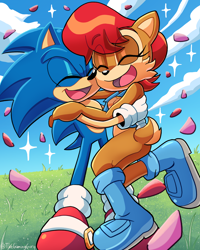 Size: 1280x1600 | Tagged: safe, artist:gaminggoru, sally acorn, sonic the hedgehog, chipmunk, hedgehog, 2025, daytime, duo, eyes closed, female, grass, happy, hugging, male, sally x sonic, sally's vest and boots, shipping, straight, valentine's day