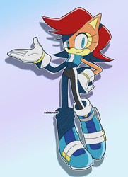 Size: 1122x1551 | Tagged: safe, artist:risziarts, sally acorn, chipmunk, 2024, female, gradient background, hand on hip, looking at viewer, outline, pose, riders outfit, riders style, smile, smiling at viewer, solo, white outline