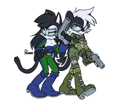 Size: 5446x4700 | Tagged: safe, artist:tracingpapier, geoffrey st. john, hershey the cat, cat, skunk, 2022, blank background, clothes, duo, female, fully clothed, glasses, gun, holding something, male, pistol, weapon