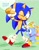 Size: 2480x3196 | Tagged: safe, artist:somebodystolemybread, sonic the hedgehog, chao, hedgehog, 2026, chaobetes, claws, cute, dialogue, duo, english text, fingerless gloves, green background, looking at each other, male, neutral chao, pointing, simple background, smile, sonabetes, text, walking, wink