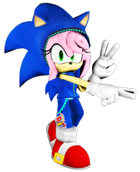 Size: 2981x3649 | Tagged: safe, artist:cutixemma, artist:jcthornton, artist:sanekogon, amy rose, 2022, 3d, cosplay, crossover, double v sign, hatsune miku, kigurumi, looking at viewer, simple background, smile, solo, transparent background, v sign