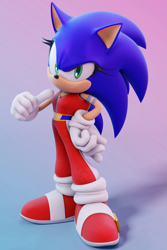 Size: 1333x2000 | Tagged: safe, artist:ladylunanova, sonic the hedgehog, 2025, 3d, gradient background, hand on hip, looking at viewer, smile, solo, standing, thumbs up, trans female, trans girl sonic, transgender