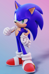 Size: 1333x2000 | Tagged: safe, artist:ladylunanova, sonic the hedgehog, 2025, 3d, alternate version, gradient background, hand on hip, looking at viewer, scar, smile, solo, standing, thumbs up, top surgery scars, trans boy sonic, trans male, transgender