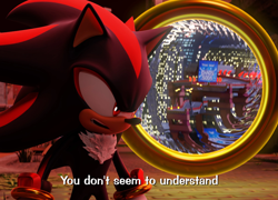Size: 2000x1440 | Tagged: safe, artist:ladylunanova, shadow the hedgehog, 2025, 3d, dialogue, grass, looking offscreen, outdoors, portal, radical highway, ring, shadow the hedgehog (video game), solo, standing, talking