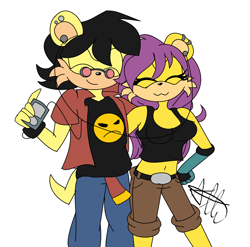 Size: 2464x2434 | Tagged: safe, artist:sonicgirlify, ash mongoose, mina mongoose, mongoose, 2018, clothes, duo, eyes closed, female, fully clothed, glasses, headphones, holding something, male, mina x ash, phone, shipping, simple background, smile, straight, white background