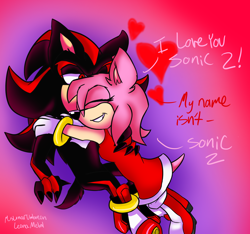 Size: 3360x3150 | Tagged: safe, artist:mslunarumbreon, amy rose, shadow the hedgehog, hedgehog, 2021, age difference, amy mistaking everyone for sonic, amy x shadow, claws, dialogue, duo, english text, eyes closed, female, gloves, gloves off, gradient background, holding each other, hugging, lidded eyes, looking at them, male, shipping, smile, straight, text, valentine's day