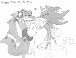 Size: 1280x976 | Tagged: safe, artist:ok0wwy7, vector the crocodile, crocodile, hedgehog, ..., 2025, blushing, chameleon, crack shipping, duo focus, english text, eyes closed, gay, group, heart, kiss, looking at them, male, monochrome, pride month, shadow x vector, shipping, simple background, smile, standing, text, white background