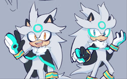 Size: 1600x1001 | Tagged: safe, artist:thelobsterlover, silver the hedgehog, hedgehog, 2023, alternate universe, clothes, frown, fur markings, grey background, looking at viewer, male, mouth open, poncho, redesign, simple background, smile, solo, standing, waving