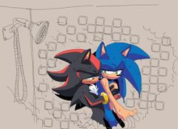 Size: 1244x900 | Tagged: suggestive, artist:sonicfan2026, shadow the hedgehog, sonic the hedgehog, 2023, bathroom, duo, gay, gloves off, hugging, hugging from behind, indoors, lidded eyes, shadow x sonic, shipping, shower, smile, steam, water, wet