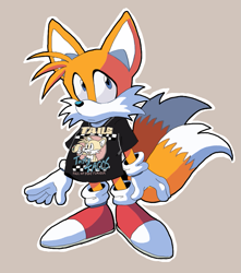 Size: 767x867 | Tagged: safe, artist:sonicfan2026, miles "tails" prower, 2023, beige background, clothes, frown, looking offscreen, male, outline, shirt, simple background, solo, standing, taco, words on a shirt