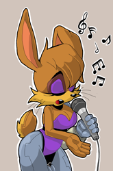 Size: 596x903 | Tagged: safe, artist:sonicfan2026, bunnie rabbot, rabbit, 2023, beige background, eyes closed, female, holding something, microphone, mouth open, musical notes, outline, simple background, singing, smile, solo, standing, whiskers, wire