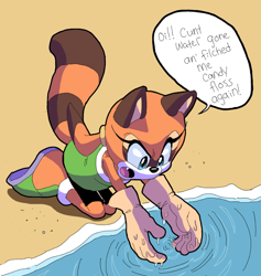 Size: 780x823 | Tagged: safe, artist:sonicfan2026, marine the raccoon, raccoon, 2023, beach, daytime, dialogue, english text, female, looking at something, mouth open, one fang, outdoors, sand, solo, speech bubble, talking, text, water, wet