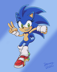 Size: 1357x1695 | Tagged: safe, artist:itoruna-the-platypus, sonic the hedgehog, hedgehog, 2025, alternate outfit, clenched fist, clenched teeth, eyelashes, female, fingerless gloves, gender swap, leg warmers, male, mid-air, signature, soap shoes, solo, v sign