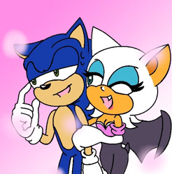 Size: 558x567 | Tagged: safe, artist:sonadow4ever98, rouge the bat, sonic the hedgehog, bat, hedgehog, 2014, age difference, duo, eyelashes, female, flat colors, gradient background, holding arm, lidded eyes, looking at them, looking away, looking offscreen, male, mouth open, ms paint, one fang, shipping, smile, sonouge, standing, straight, sweatdrop, wink
