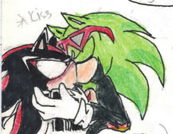 Size: 400x311 | Tagged: safe, artist:iscon, scourge the hedgehog, shadow the hedgehog, hedgehog, 2013, blushing, duo, eyes closed, gay, holding them, kiss, male, shadourge, shipping, shrunken pupils, surprise kiss, surprised, text, traditional media