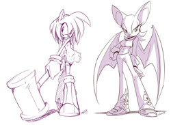 Size: 900x660 | Tagged: safe, artist:evmousser, amy rose, rouge the bat, bat, hedgehog, 2010, alternate version, duo, duo female, female, females only, frown, hand on hip, lidded eyes, line art, looking at viewer, midriff, monochrome, mouth open, piko piko hammer, riders outfit, shadow (lighting), simple background, smile, standing, white background